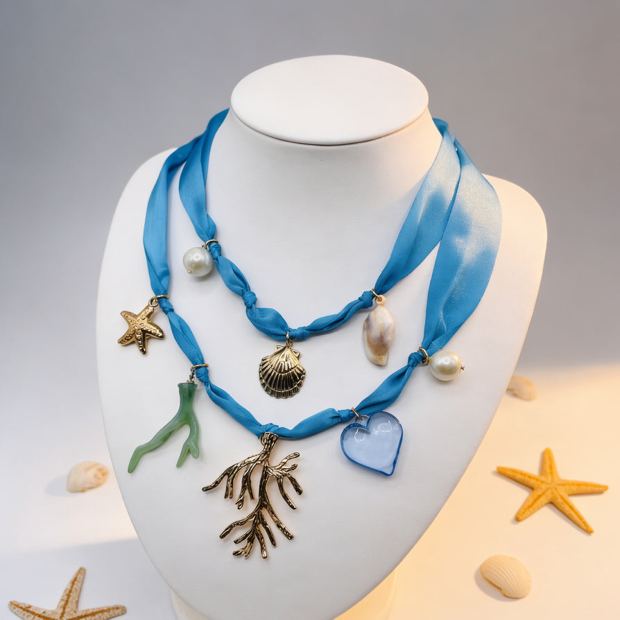 Gargantilla de lazo rosa Mermaidcore | Collar dorado con estrellas de mar y conchas para vacaciones en la playa|JI JOYA