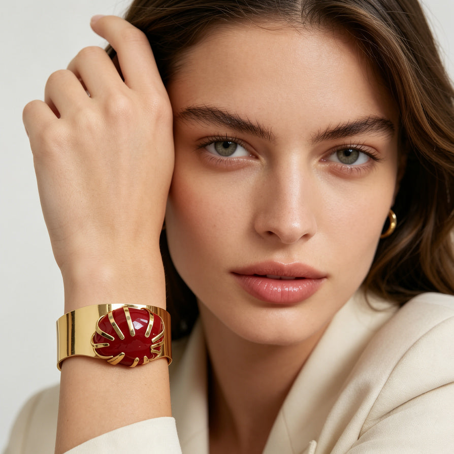 Pulsera Brazalete de Apertura con Piedra Resina Envolvente, Diseño de Lujo en Oro, Mayorista - Varios Colores|JI JOYA