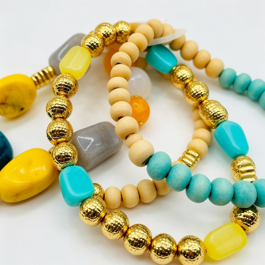 Set de 3 Pulseras Elásticas de Resina y Madera - Colores Turquesa/Amarillo - Joyería Boho al Por Mayor|JI JOYA