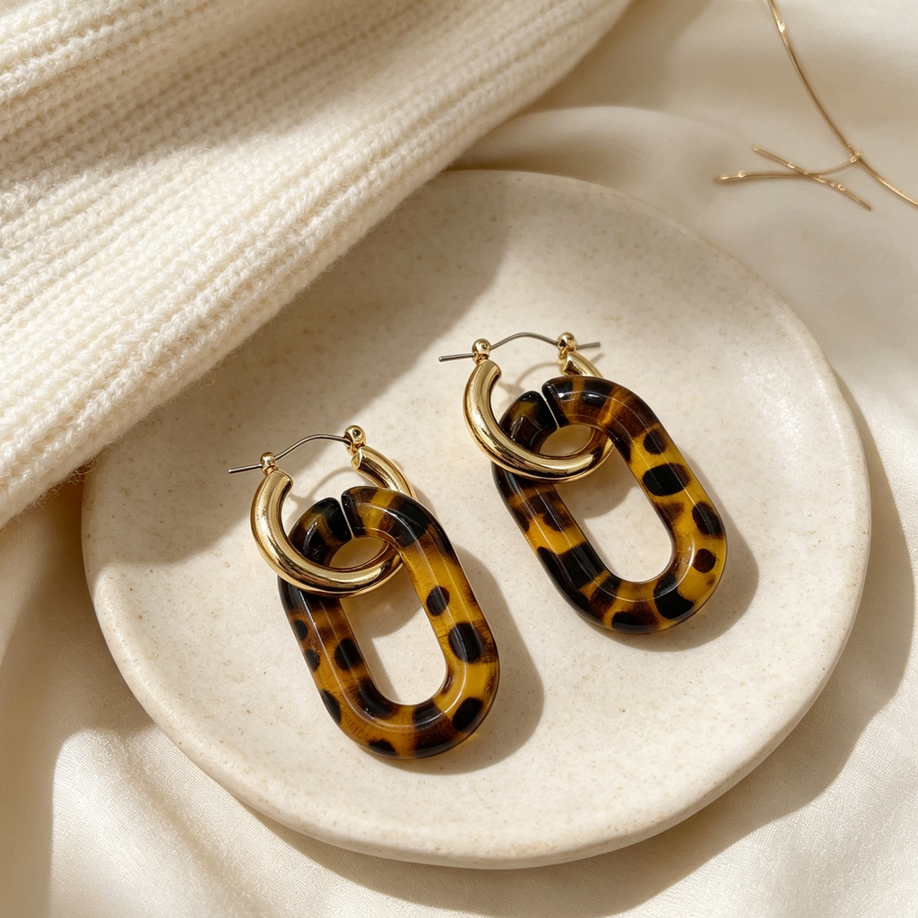 Aretes Eslabón Carey Dorado | Pendientes Resina Mayorista|JI JOYA