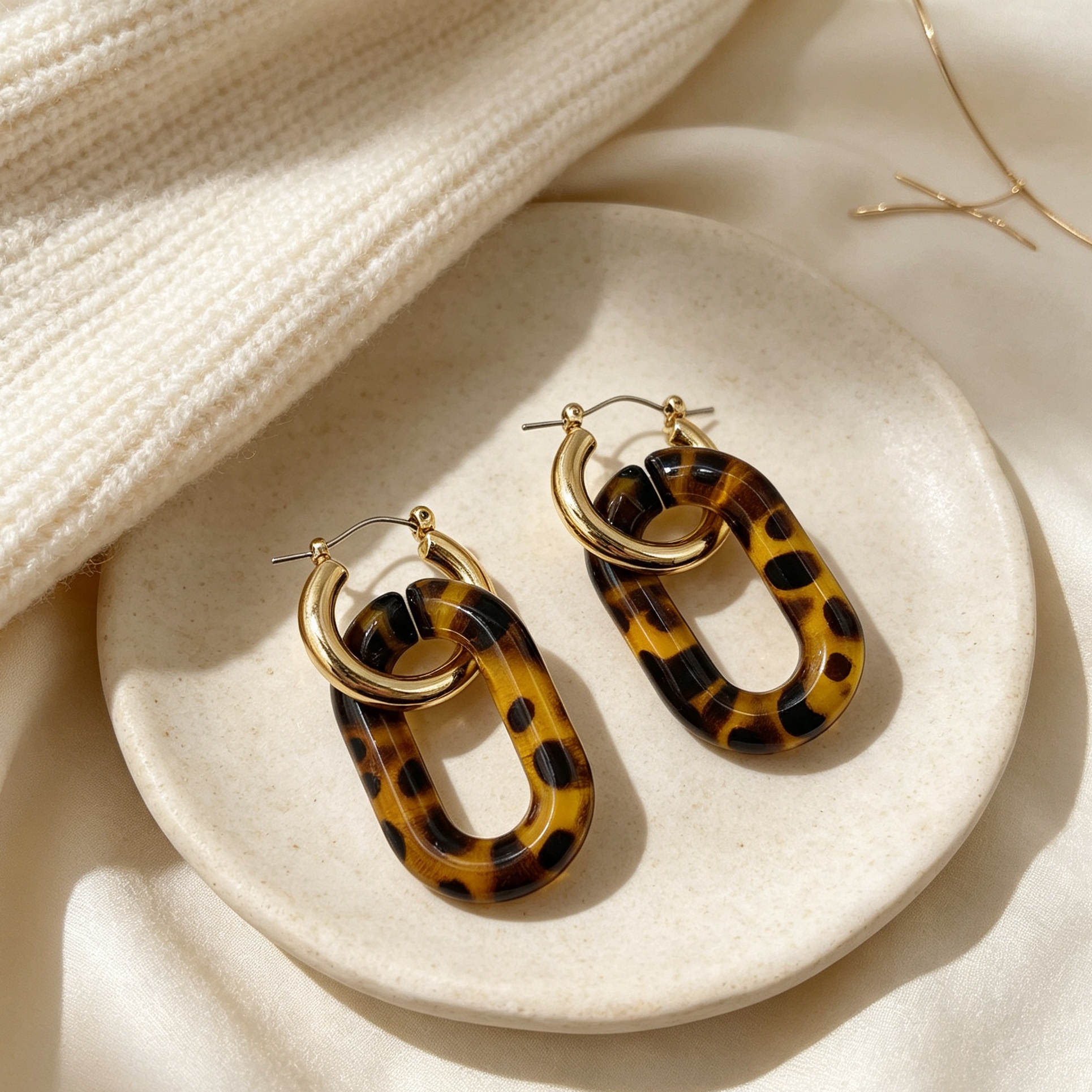 Aretes Eslabón Carey Dorado | Pendientes Resina Mayorista|JI JOYA