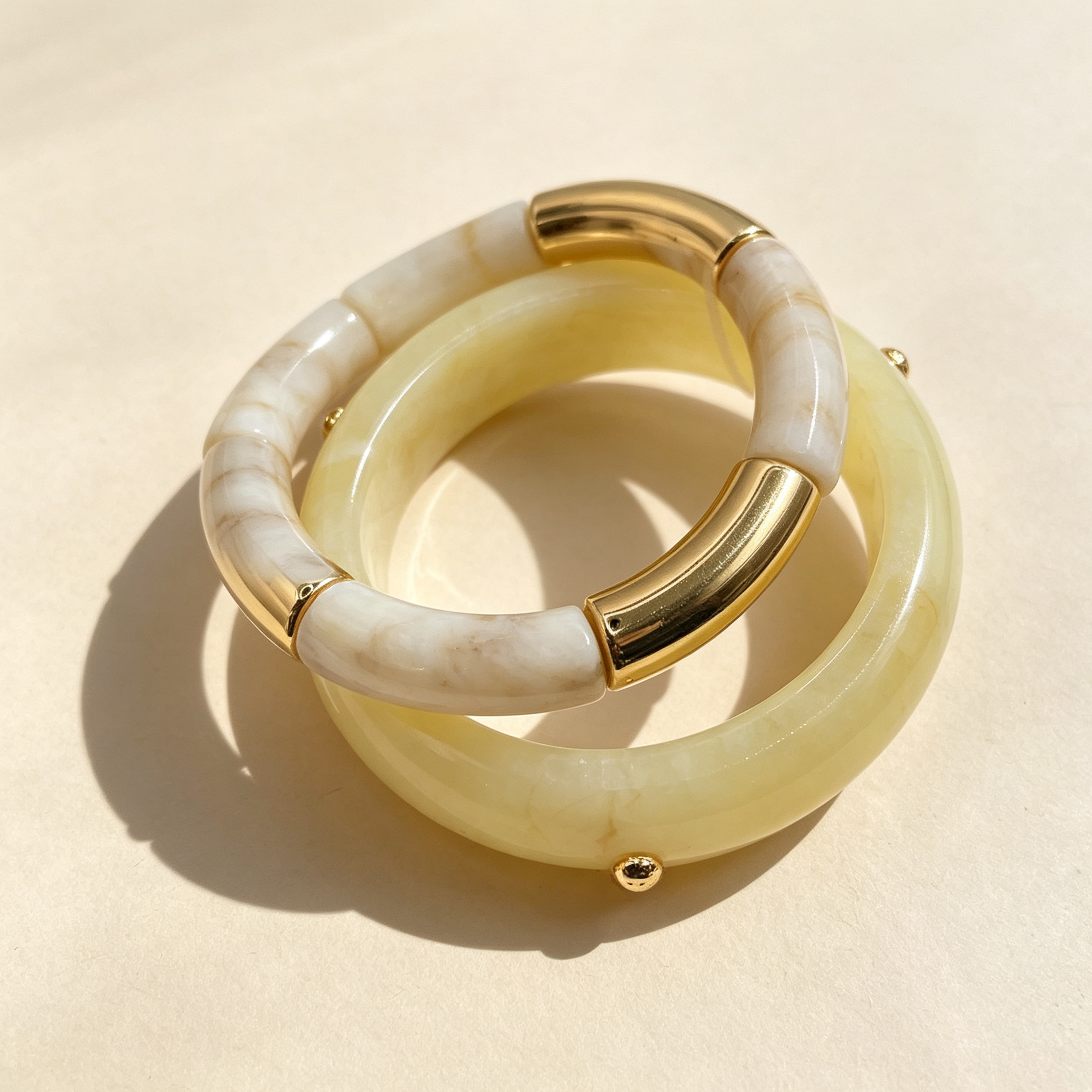 Juego de 2 Brazaletes Resina Efecto Jade Dorado, Pulseras Apilables para Mujer, Mayorista|JI JOYA