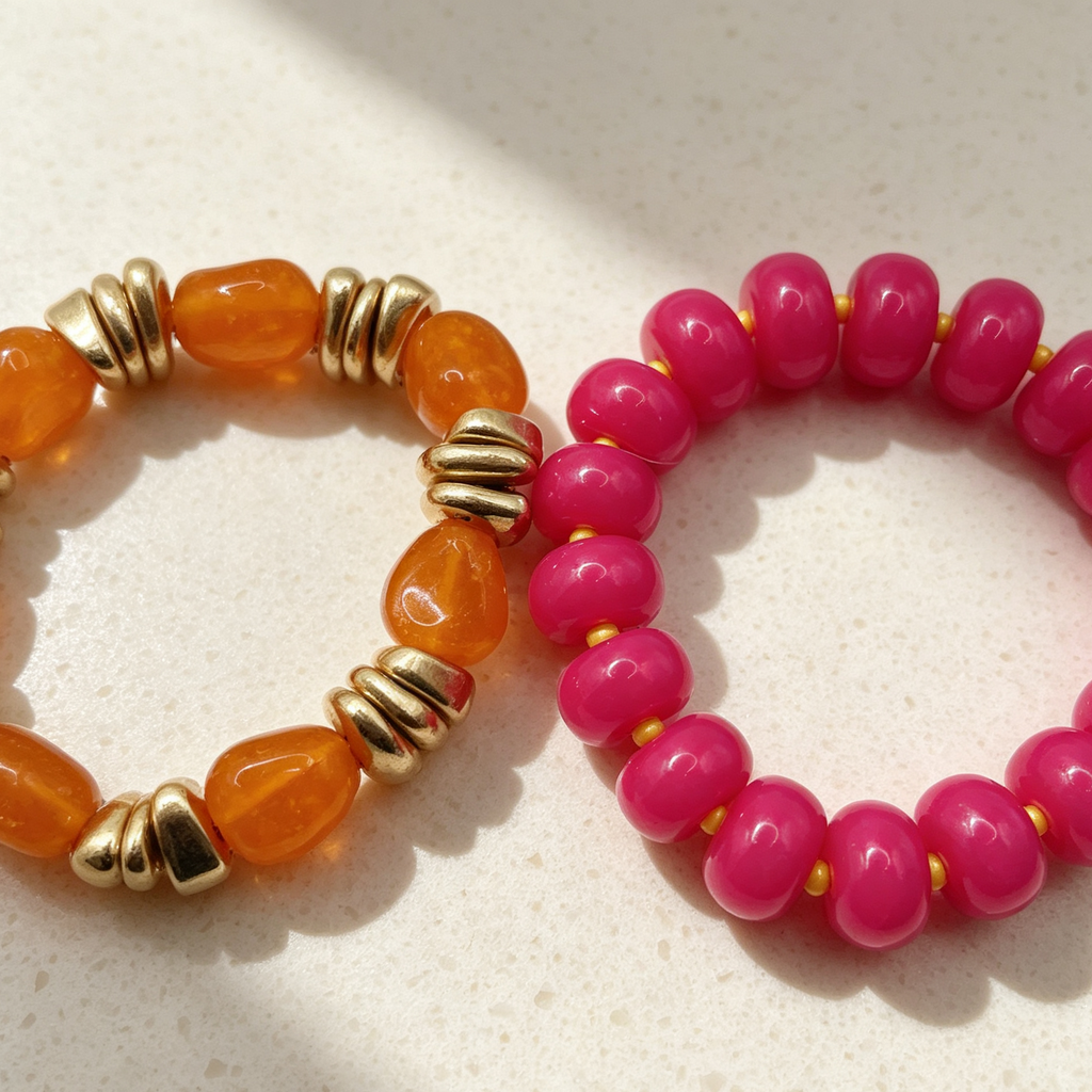 Pulseras de resina combinadas 2 unidades, pulseras elásticas de cuentas color naranja y fucsia para mayorista|JI JOYA