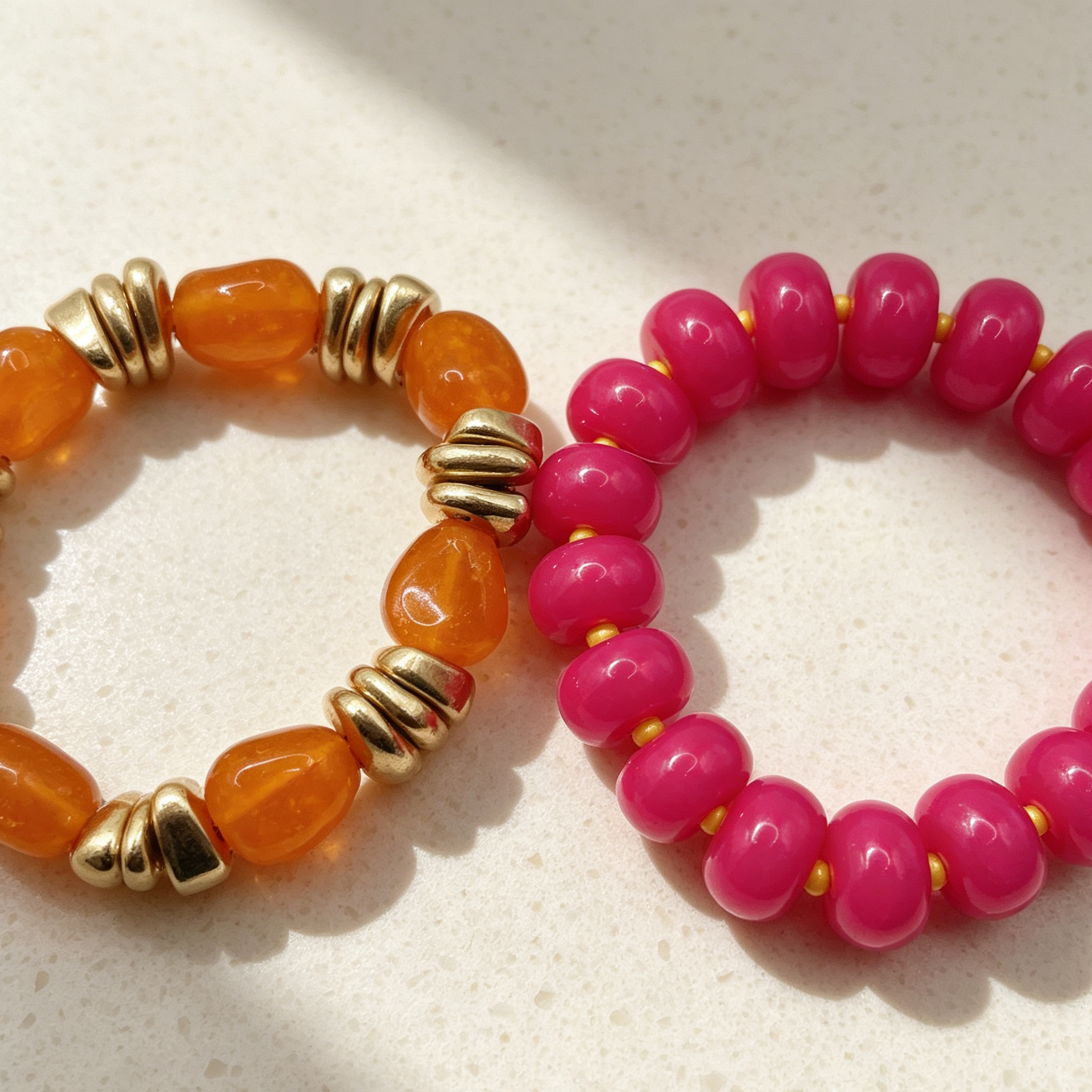 Pulseras de resina combinadas 2 unidades, pulseras elásticas de cuentas color naranja y fucsia para mayorista|JI JOYA