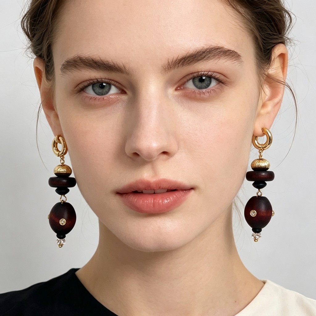 Pendientes largos de madera con acabado dorado | Diseño bohemio vintage para mayoristas|JI JOYA