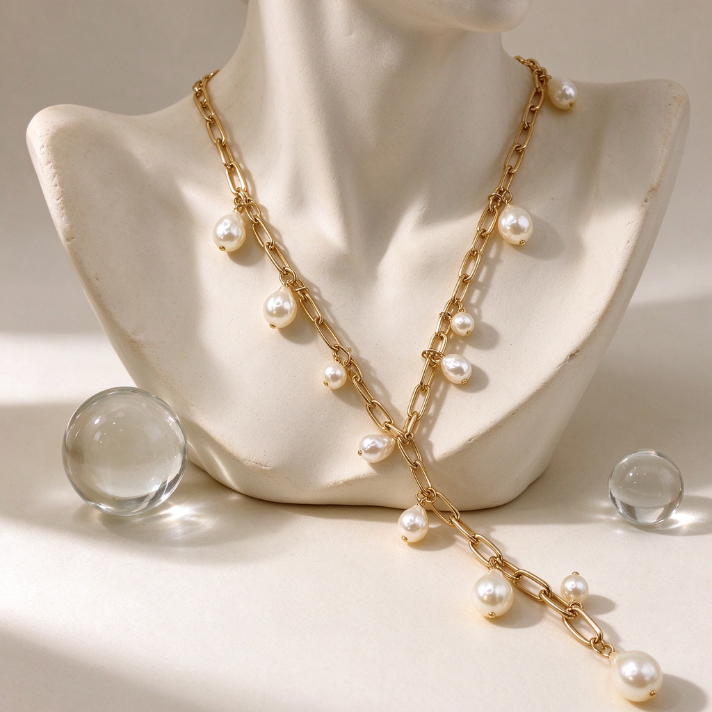 Collar Y de cadena paperclip dorada con perlas barrocas, al por mayor|JI JOYA