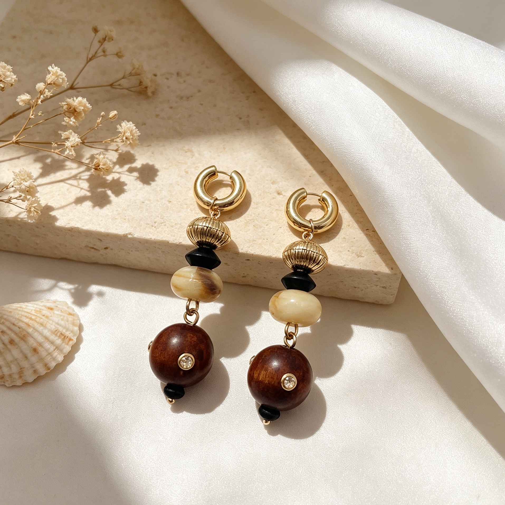 Pendientes Largos Boho Madera Resina | Joyería Mayorista Diseño Original|JI JOYA