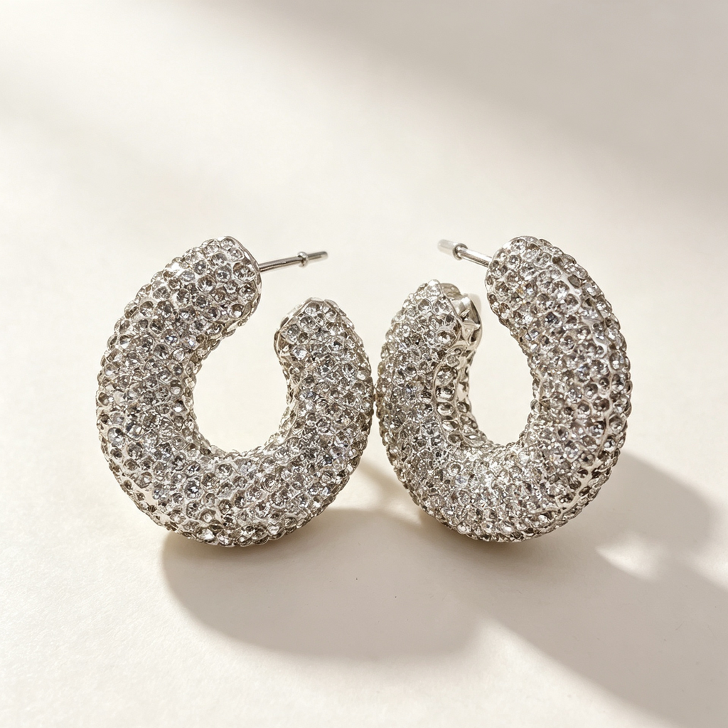 Pendientes Aro C Grueso Cristal Brillante | Mayorista Moda Joyería|JI JOYA