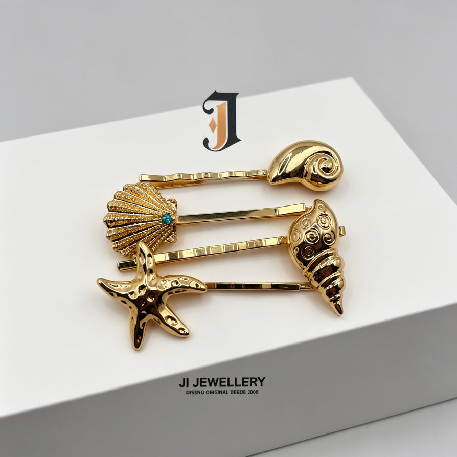 Pinzas para el Cabello Set Marino Dorado | Concha, Estrella de Mar y Caracol | Joyería de Moda para Mayoristas|JI JOYA