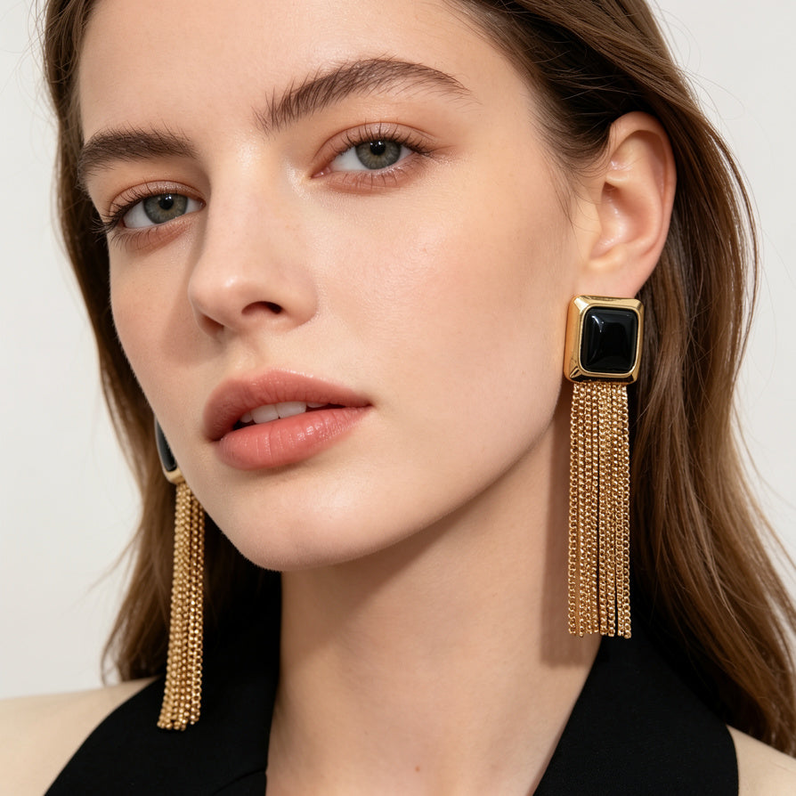Pendientes Largos de Borla con Detalle Cuadrado Negro - Estilo Elegante y Versátil - Venta al Por Mayor|JI JOYA