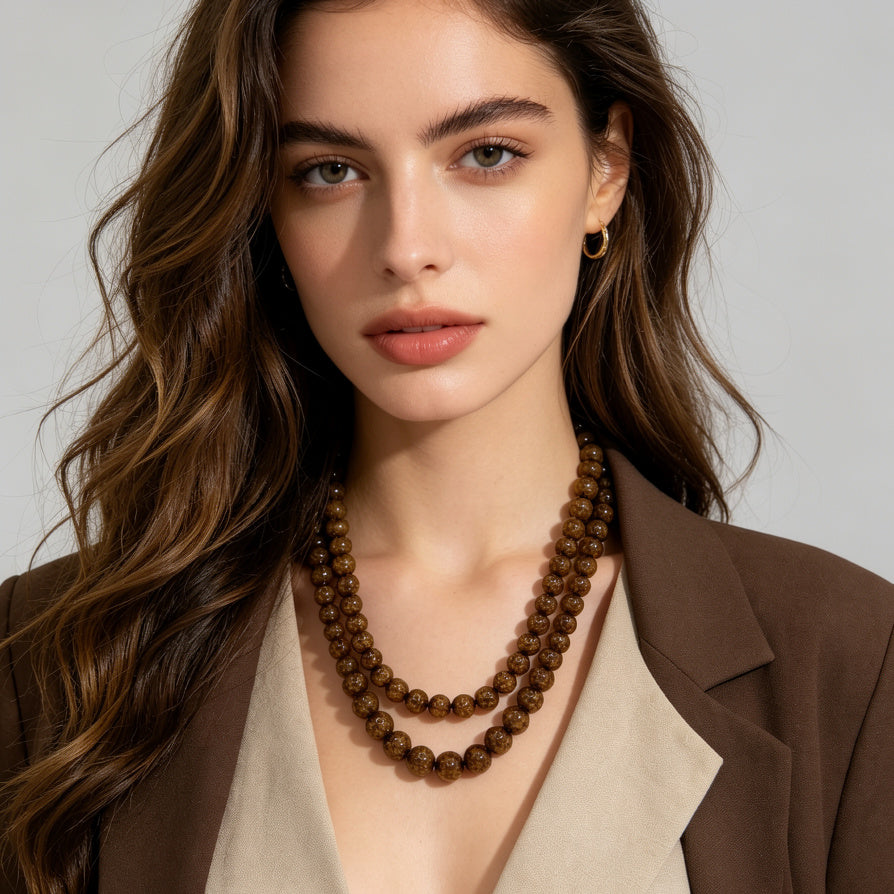 JI JOYA VENTA AL POR MAYOR|Collar Doble Hilera de Bolitas - Diseño Elegante para Mujer | Mayorista Moda 2 Colores Azul & Marrón