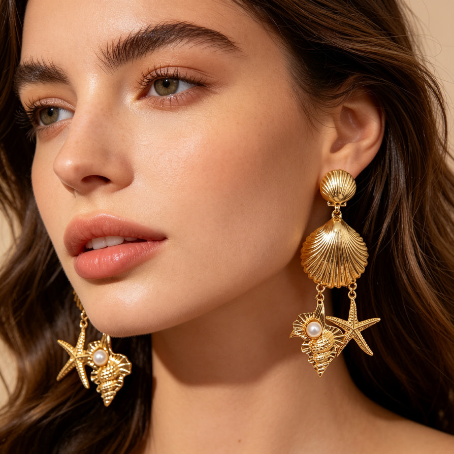 Pendientes de Concha Dorada con Perla y Estrella de Mar | Mayorista Joyería Marina para Mujer|JI JOYA