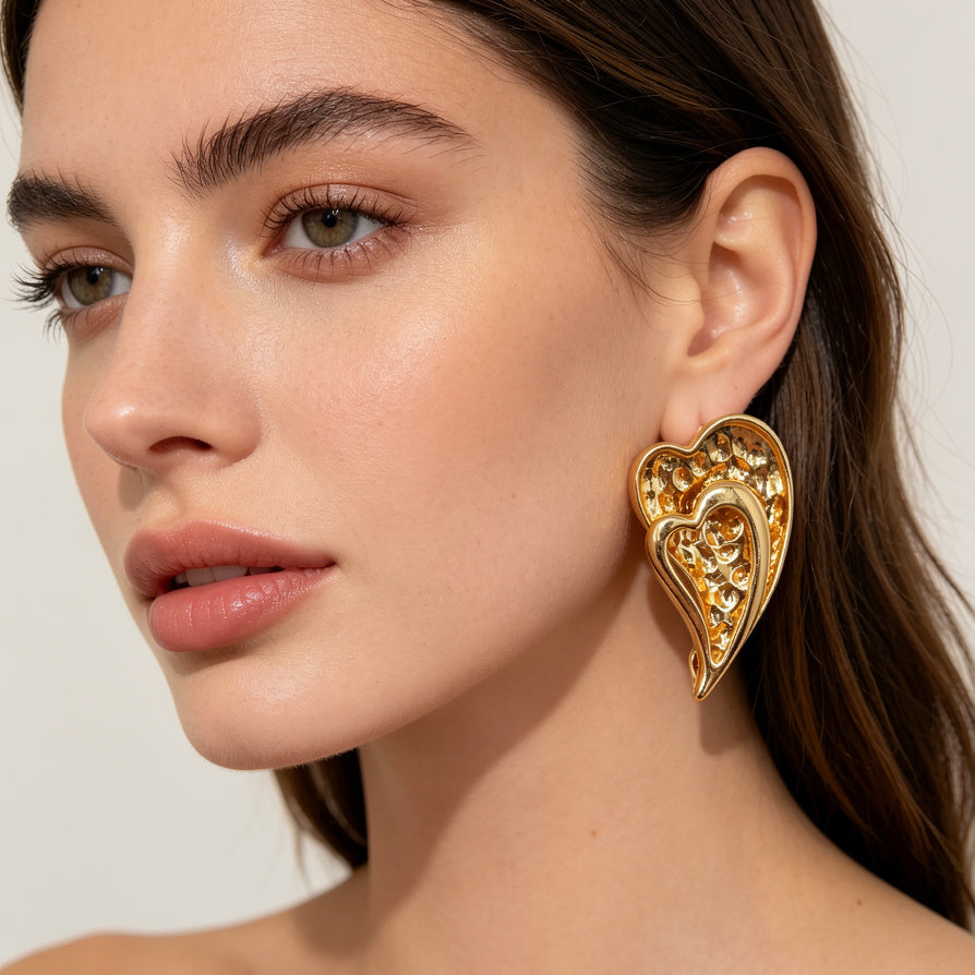 Pendientes de Corazón Dorado Vintage | Joyería al por Mayor para Minoristas|JI JOYA