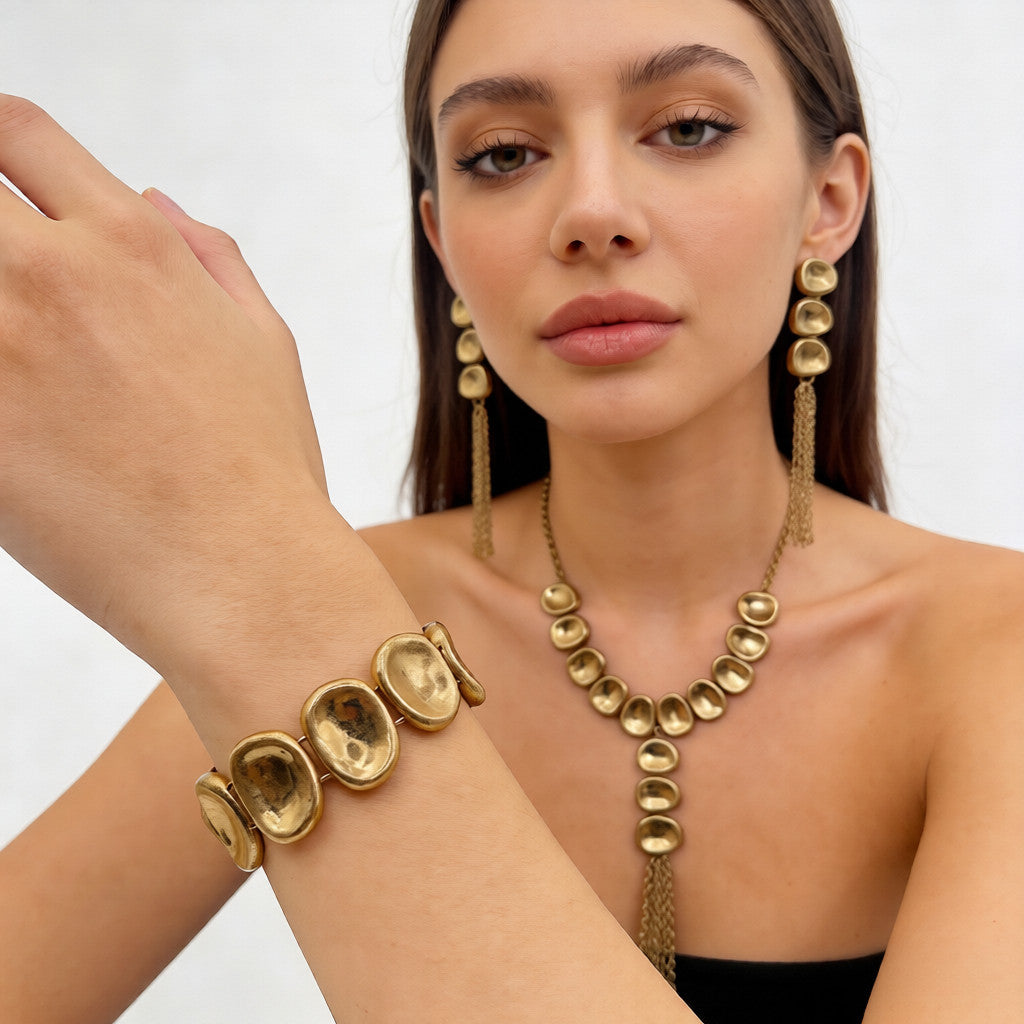 Conjunto de joyas con borlas de plata/dorado | Collar, pendientes y pulsera con disco grueso