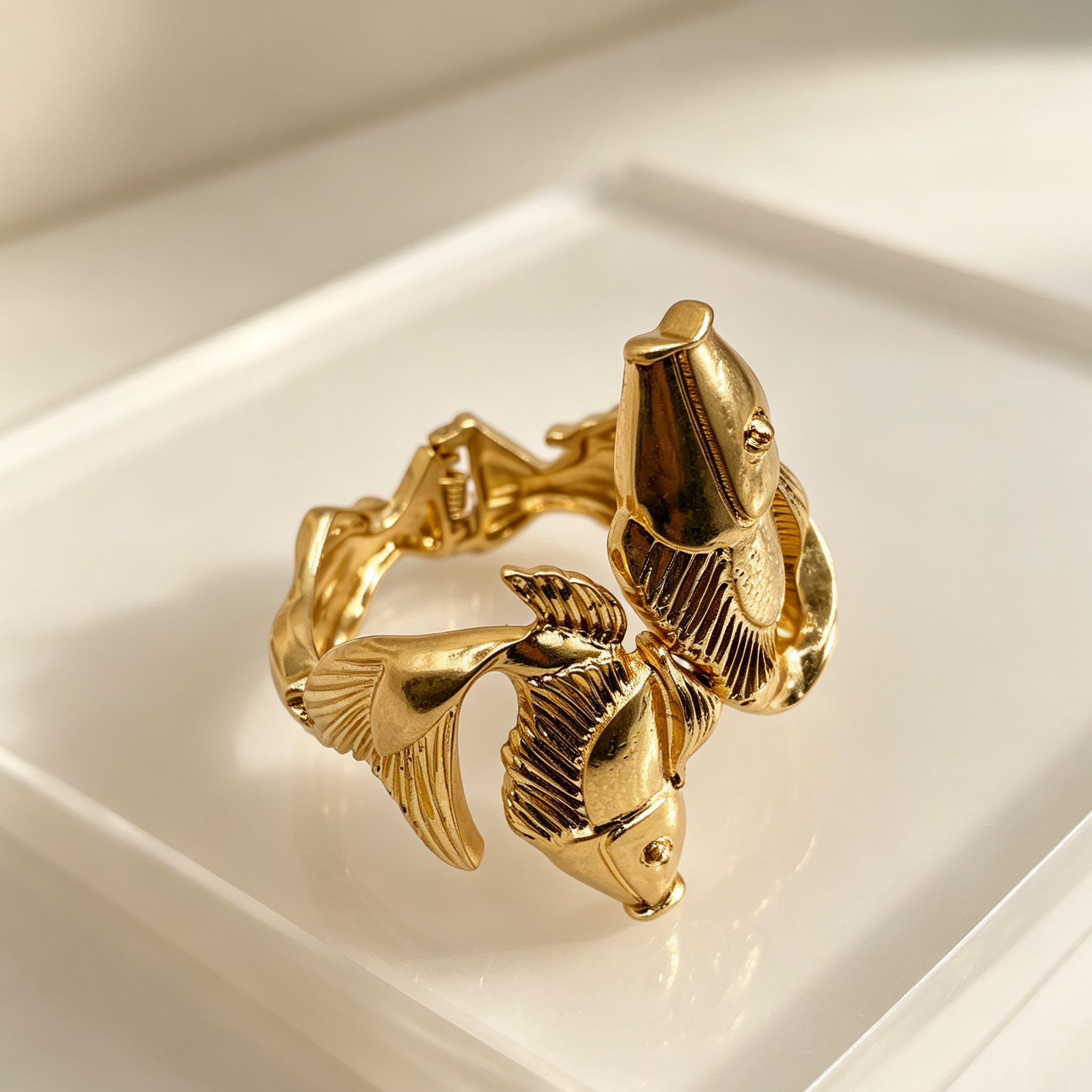 Pulsera de resorte con diseño de doble pez, accesorio de joyería de metal dorado al por mayor|JI JOYA