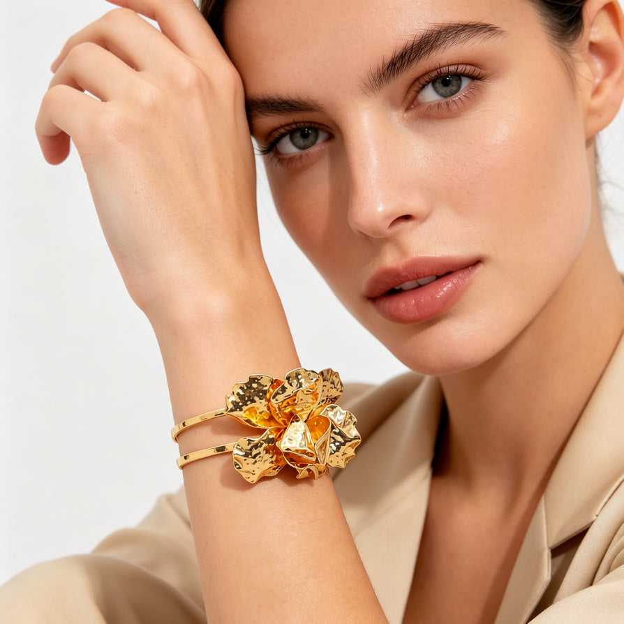 Pulsera Brazalete de Flor Grande Texturizada, Diseño Moderno, Mayorista de Bisutería al Por Mayor|JI JOYA