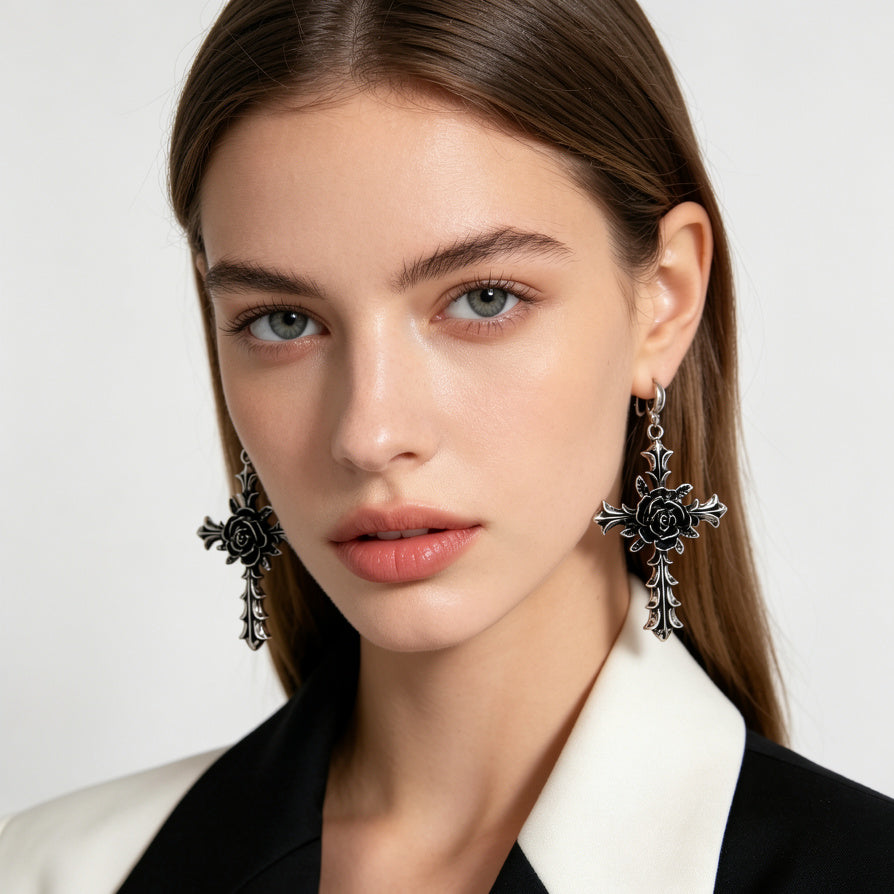 Pendientes Góticos Cruz Rosa - Plata/Aleación Dorada, Joyería de Moda Alternativa para Mujer | Mayorista|JI JOYA