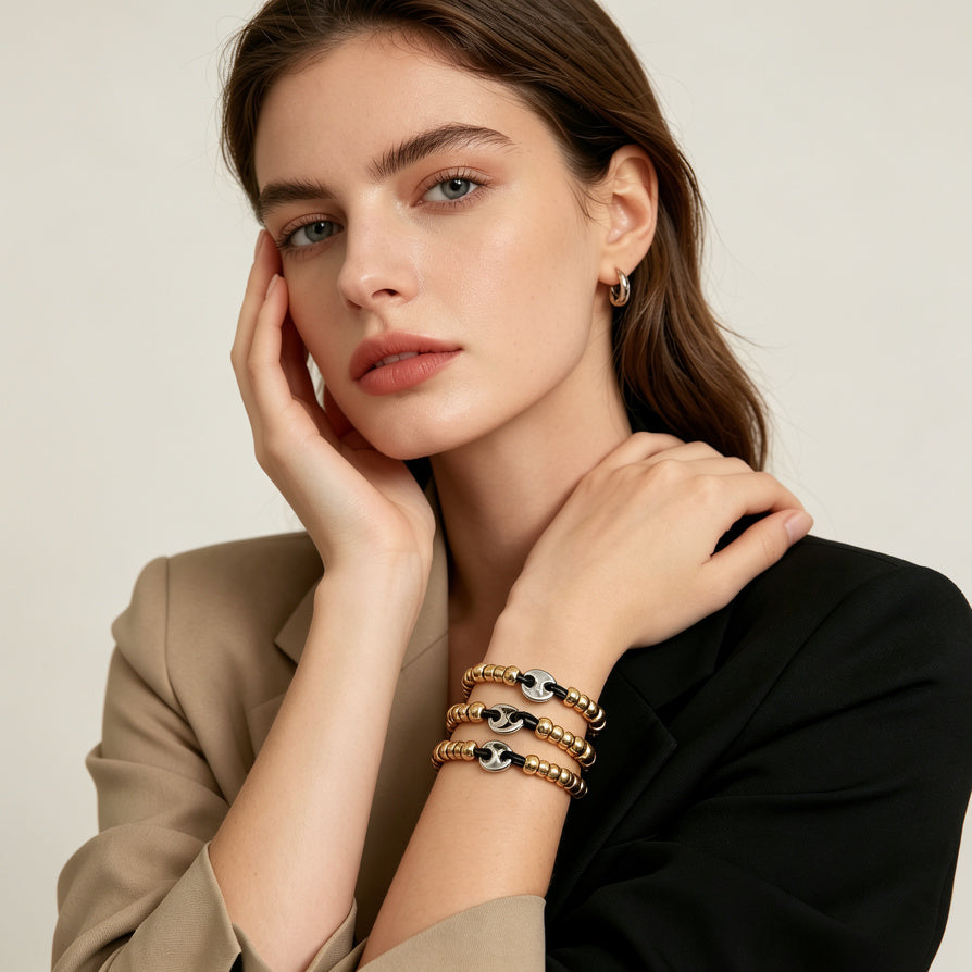 JI JOYA VENTA AL POR MAYOR|Pulsera de Moda Dorada y Plateada con Cordón Negro | Joyería al Por Mayor para Mujeres