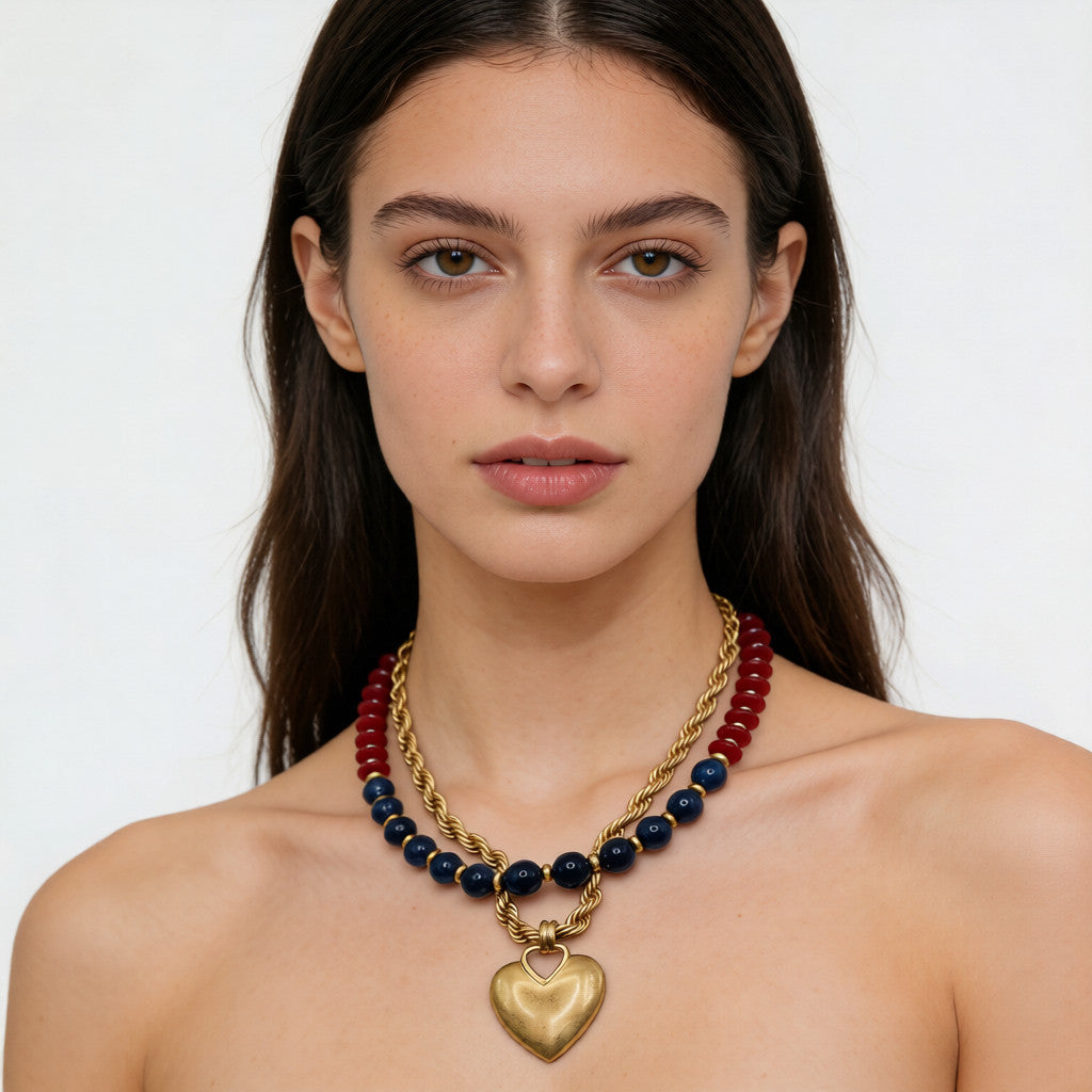 Collar vintage con colgante de corazón de cuentas y bloques de color | Cadena de clavícula multicapa con diseño de nicho | Cadena de clavícula multicapa estilo francés vintage