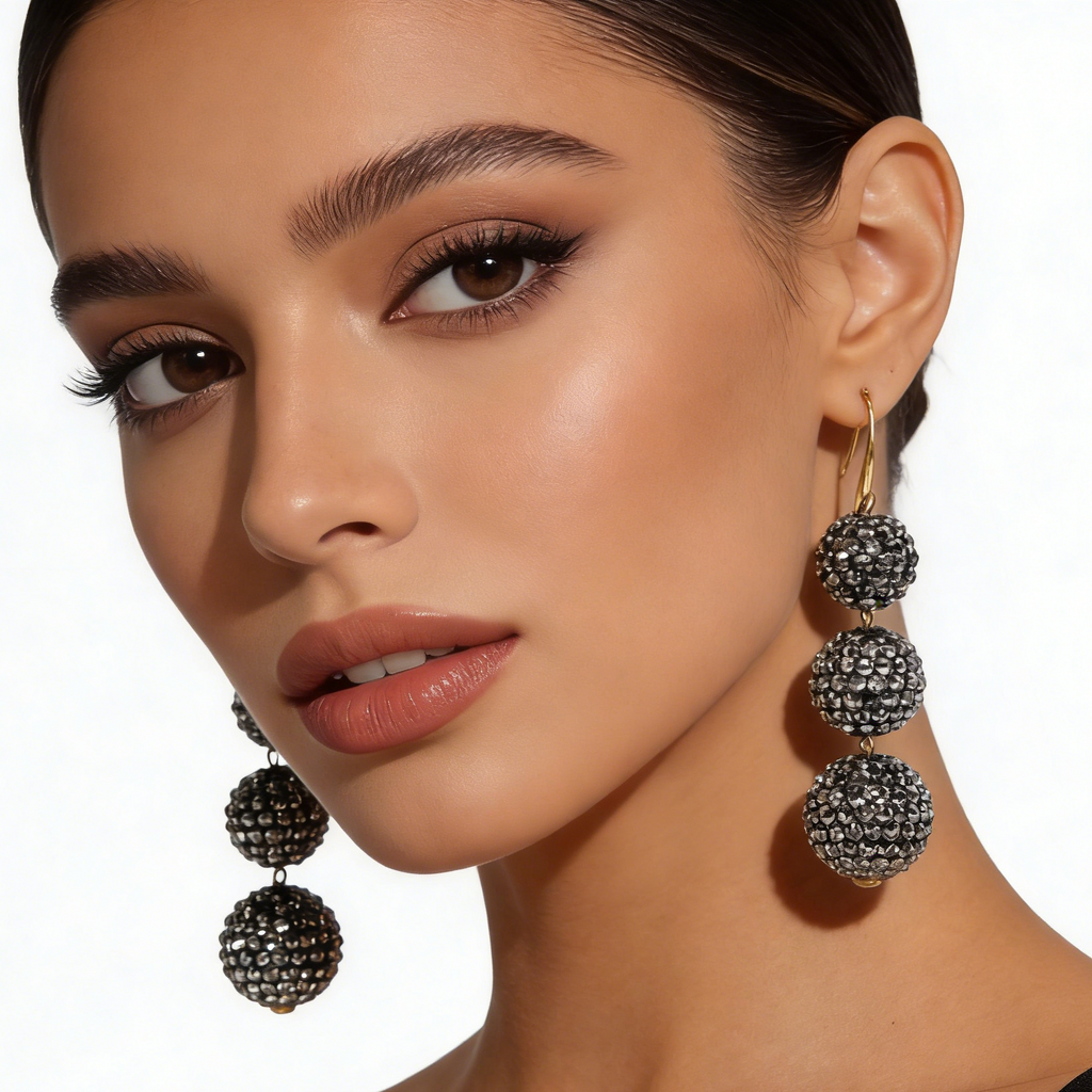 Conjunto de joyas con bolas de pavé negro | Pendientes, collar y pulsera llamativos para fiestas de noche