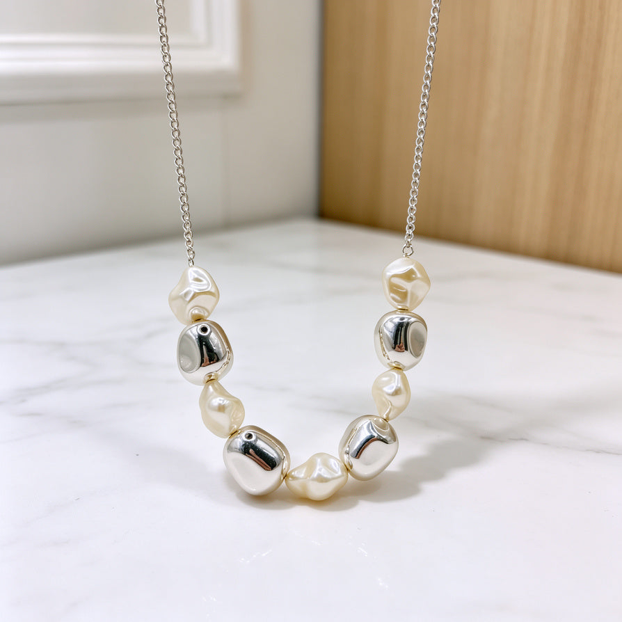 Collar de Perlas Simuladas Barrocas Irregulares - Plata y Dorado - Joyería de Moda Mayorista para Mujer|JI JOYA