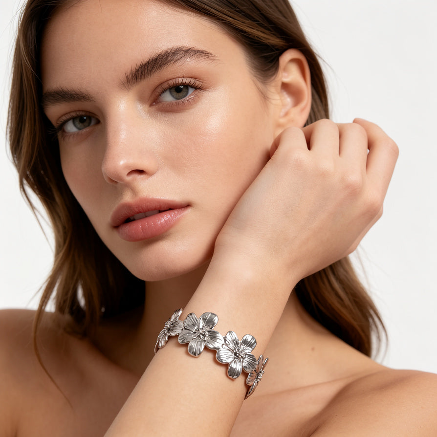 Brazalete Ajustable de Flores 3D en Aleación | Dorado/Plata | Joyería de Moda Mayorista para Mujer|JI JOYA