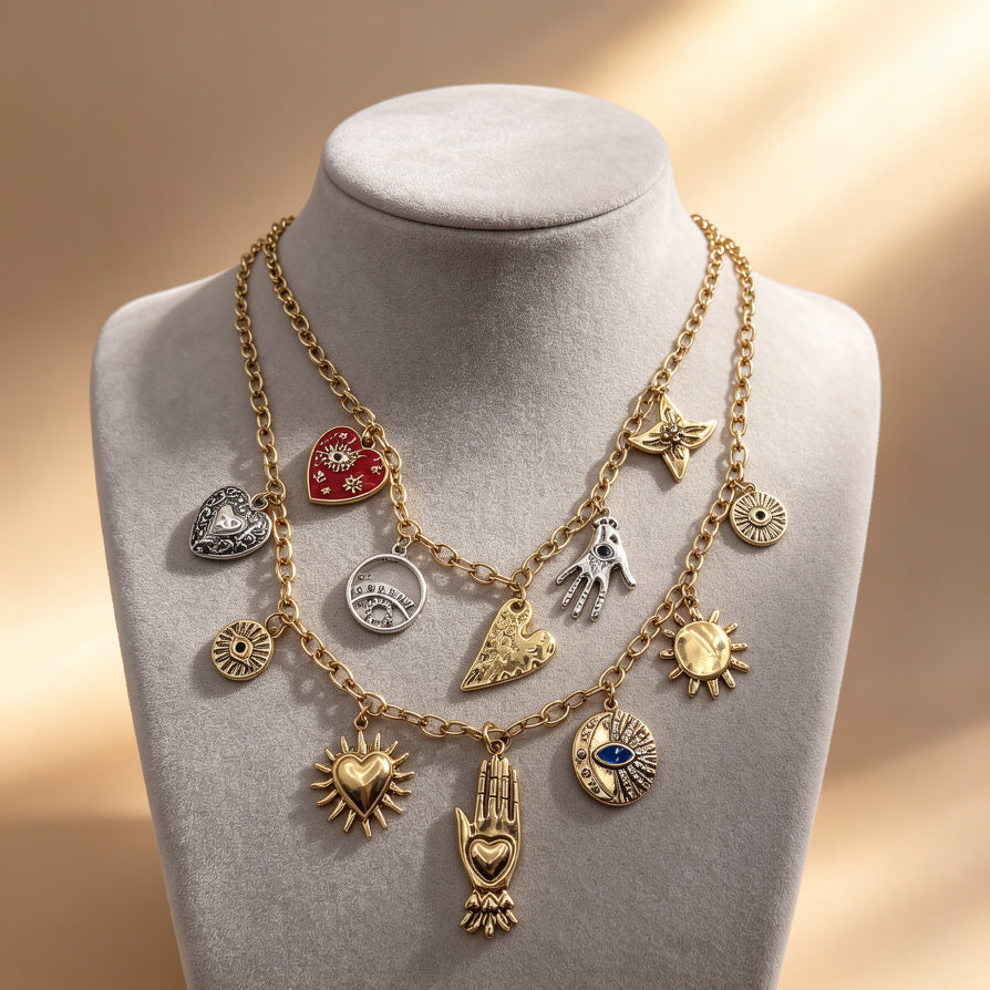 Collar Doble Capa con Dijes Vintage - Collar de Mujer con Ojo Turco, Corazón y Mano de Fátima - Joyería Étnica Boho para Regalo|JI JOYA