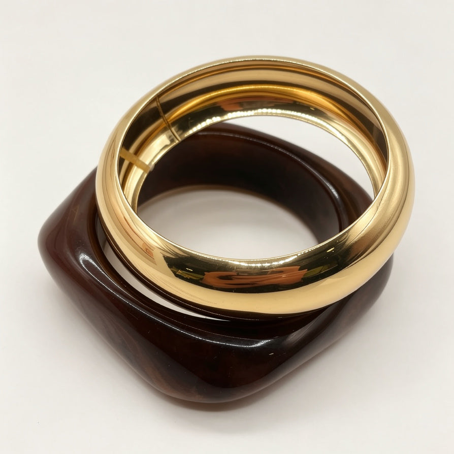 Brazalete Chunky Set de 2 Piezas - Resina Marrón & Zinc allory Dorado, Mayorista