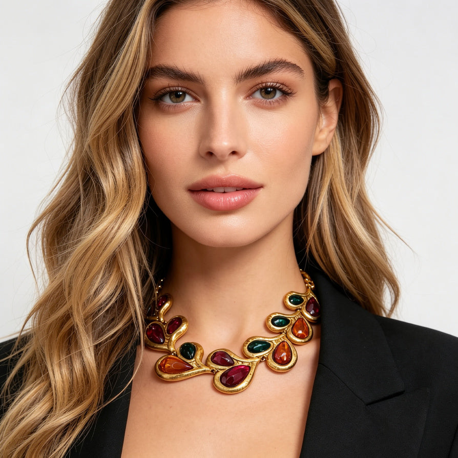 Set de Joyería Vintage Dorada con Piedras Multicolores | Collar + Pendientes + Cinturón - Venta al Por Mayor|JI JOYA