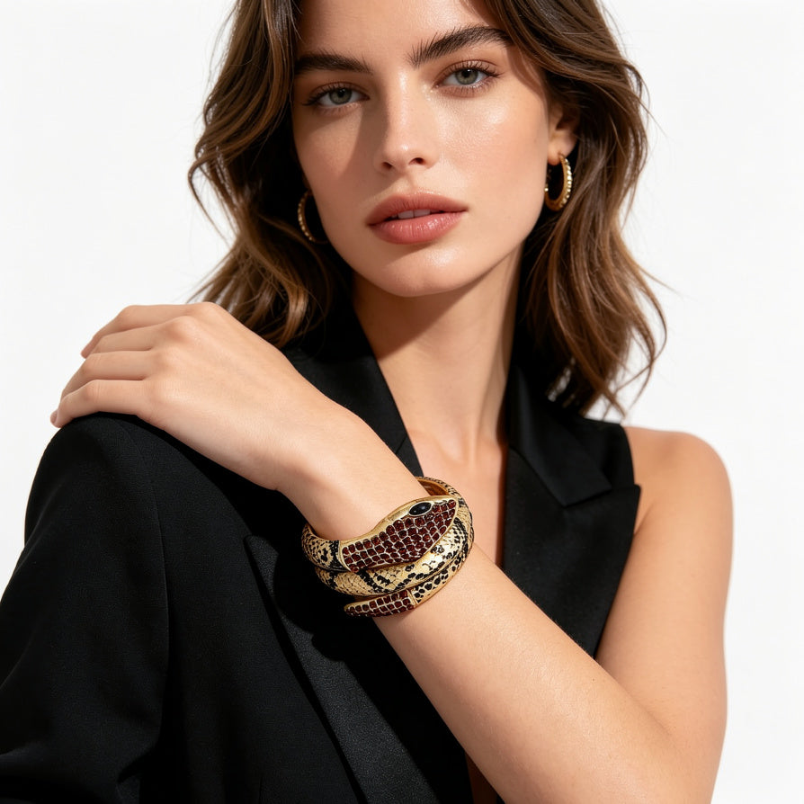 Pulsera Serpiente Enrollada con Cristales y Esmalte - Diseño Lujoso - Mayorista|JI JOYA