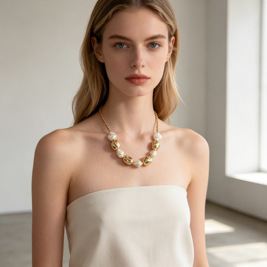 Collar de Perlas Simuladas Barrocas Irregulares - Plata y Dorado - Joyería de Moda Mayorista para Mujer|JI JOYA