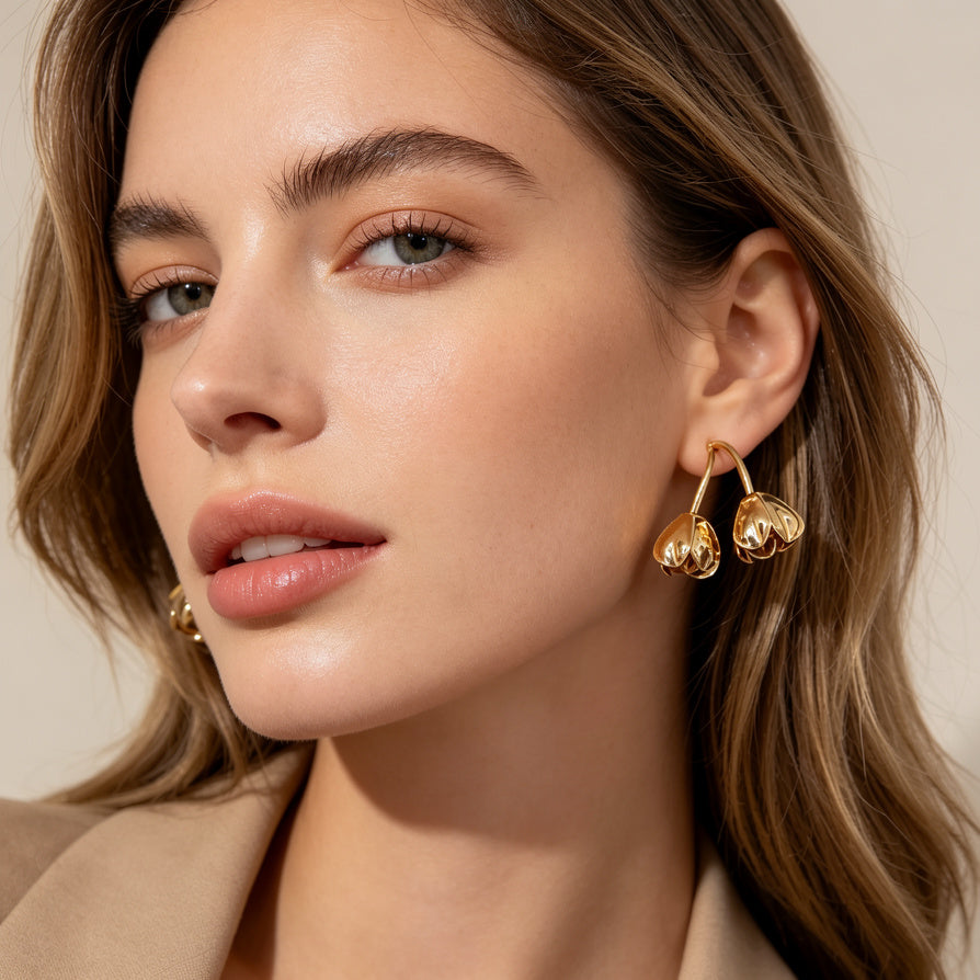 Pendientes de Tulipán Dorado de Metal, Diseño Minimalista - Venta al Por Mayor / B2B|JI JOYA