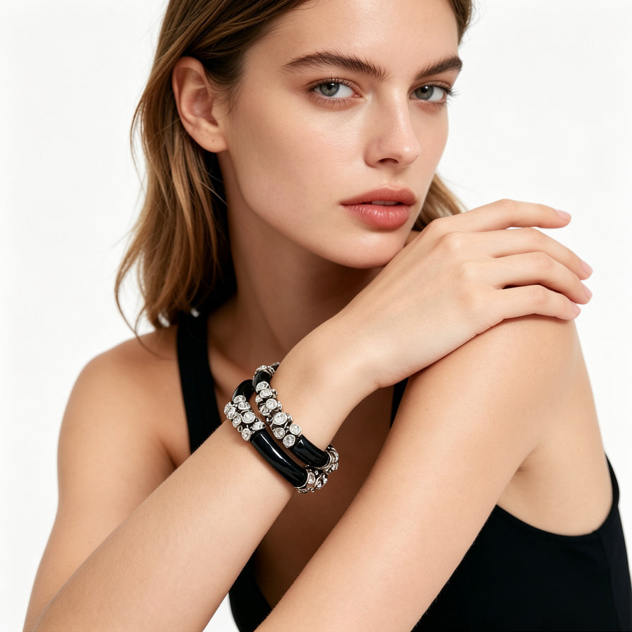 Pulsera Elástica de Moda con Circonitas y Detalles en Negro Brillante | Venta al Por Mayor (Plata/Oro)|JI JOYA