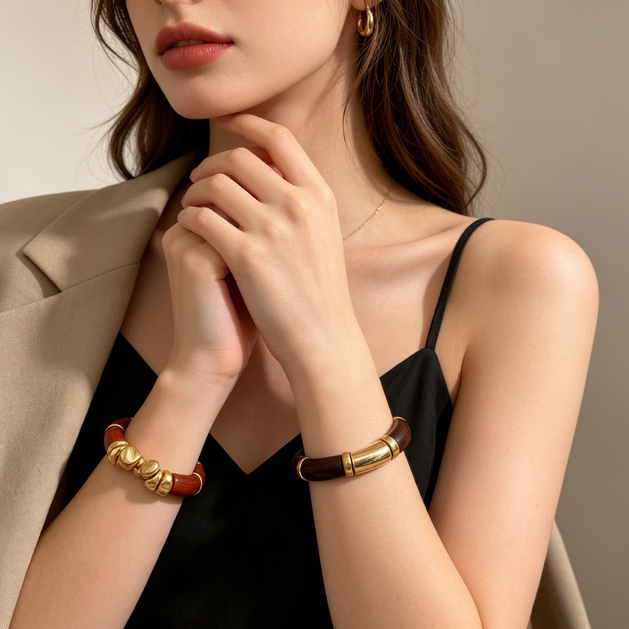 Pulsera de madera artesanal de alta gama, que combina metal y madera | Joyería femenina al por mayor|JI JOYA