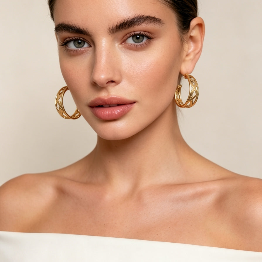 Aros de Oro Estilo Geométrico Hueco al Por Mayor | Pendientes de Lujo para Mujer, Calidad Premium|JI JOYA