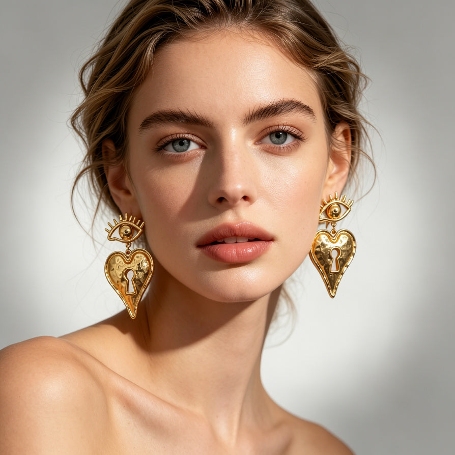 Orejas de Oro Ojo y Corazón con Ojo de Cerradura | Joyería al Mayoreo|JI JOYA