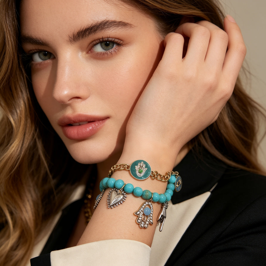 Pulsera Turquesa Mano de Hamsa Ojo Turco | Bisutería Espiritual Mayorista para Joyería|JI JOYA