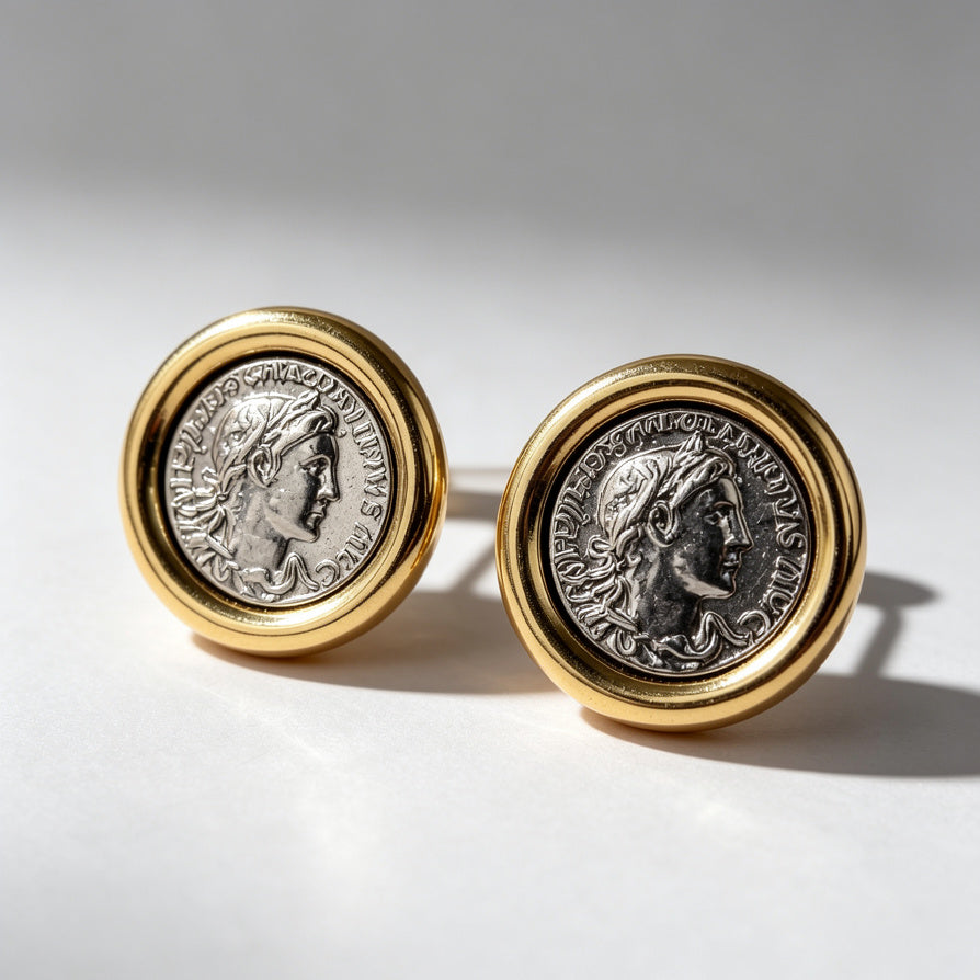 Aretes de Moneda Romana Vintage | Diseño Bicolor Oro/Plata | Joyería al por mayor para Mujeres|JI JOYA