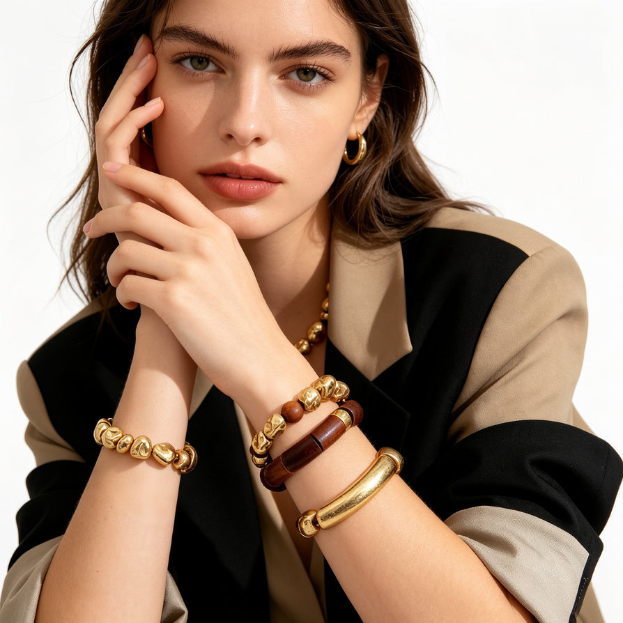 Pulsera de Madera y Metal Dorado, Diseño Moderno, Joyería al Por Mayor|JI JOYA