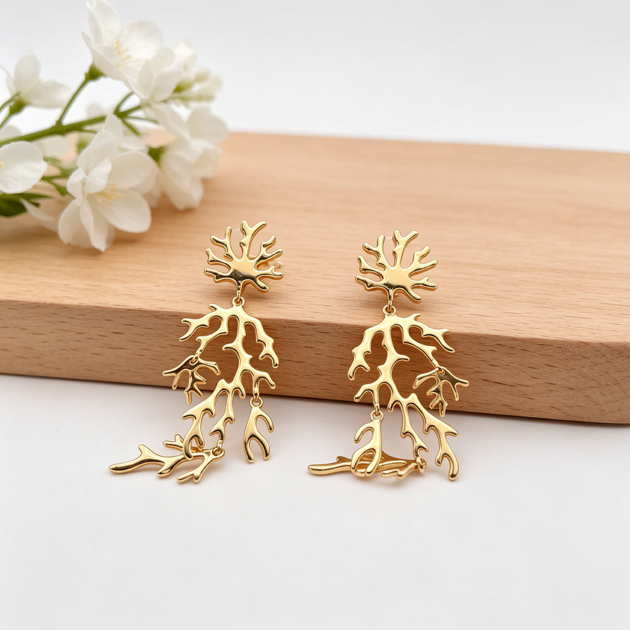 Pendientes de Coral Dorado | Joyería de Moda al Por Mayor|JI JOYA