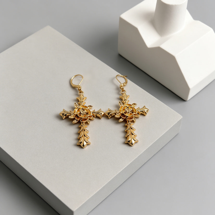 Pendientes Góticos Cruz Rosa - Plata/Aleación Dorada, Joyería de Moda Alternativa para Mujer | Mayorista|JI JOYA