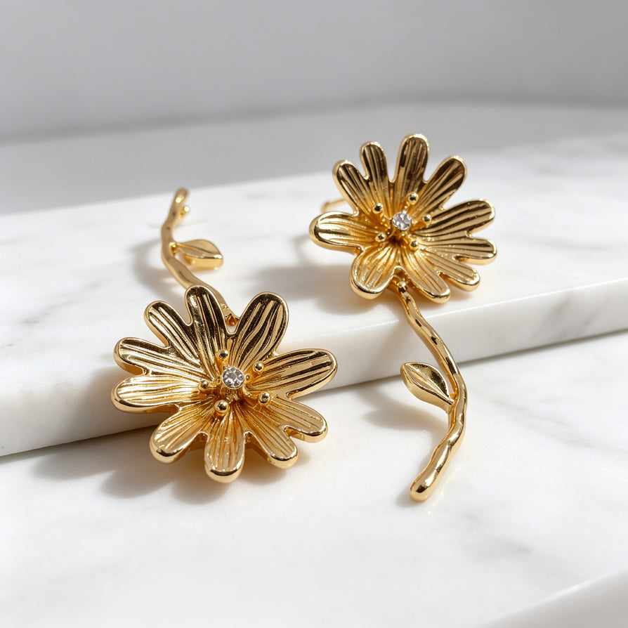 Pendientes Colgantes de Flor Asimétrica, Diseño Vintage, Oro y Plata, Mayoreo B2B|JI JOYA