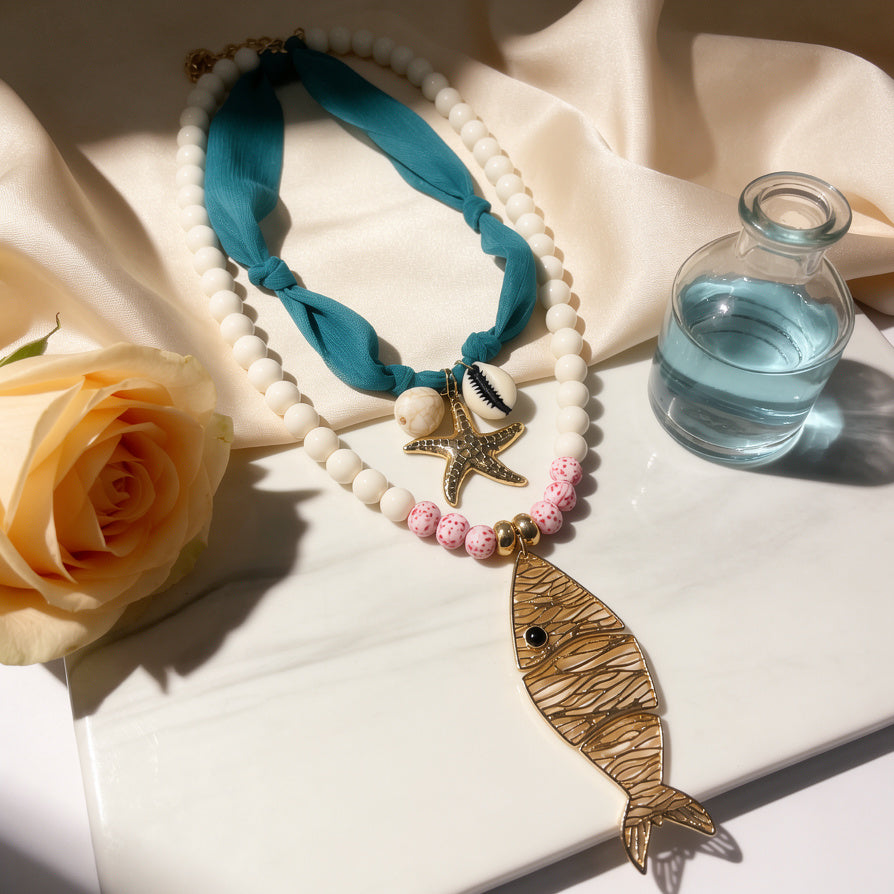 Collar Boho de Estilo Marino con Dije de Pez y Estrella de Mar - Collar de Cuentas para Mujer|JI JOYA