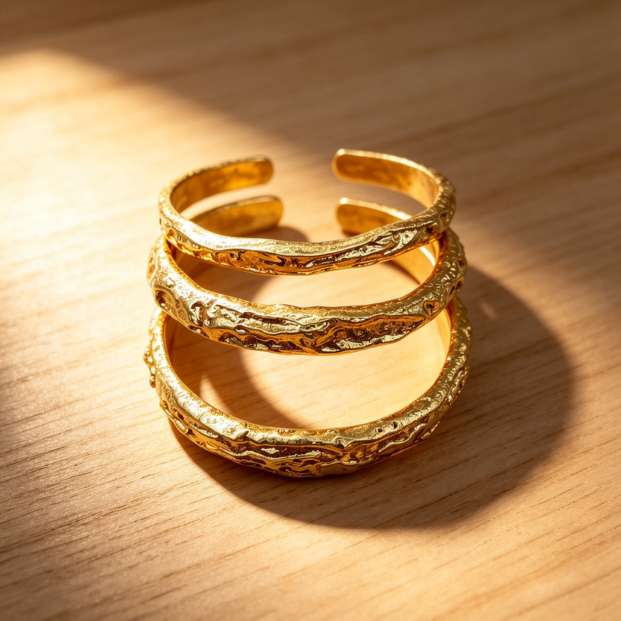Set de 3 Pulseras Texturizadas en Dorado/Plata - Diseño Orgánico Hammered, Joyería de Moda al Por Mayor|JI JOYA