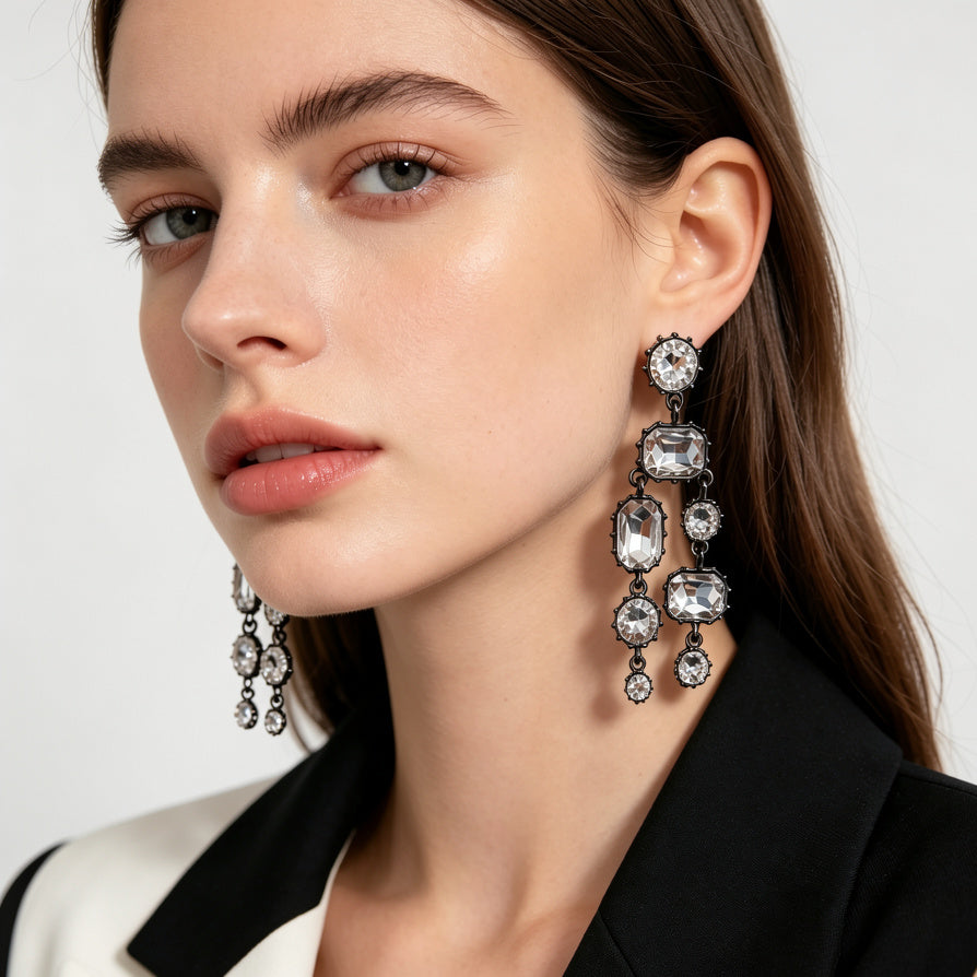 Pendientes Largos de Cristal Transparente, Diseño Vintage con Montura en Metal Negro, Bisutería de Moda al Por Mayor|JI JOYA