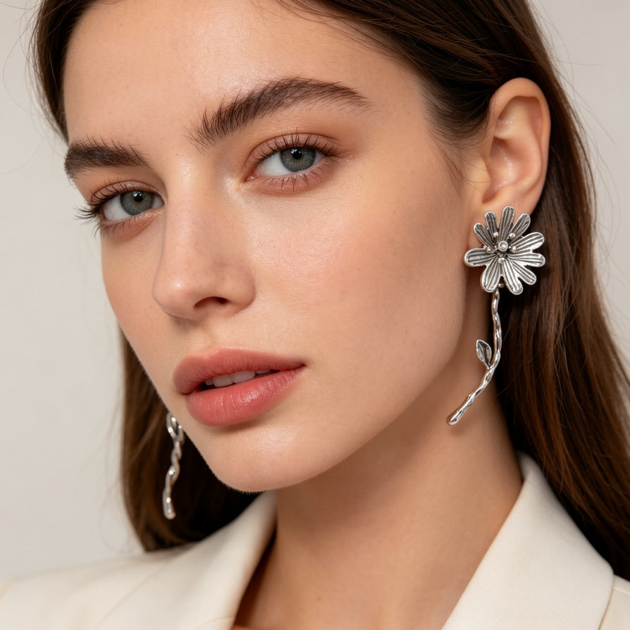 Pendientes Colgantes de Flor Asimétrica, Diseño Vintage, Oro y Plata, Mayoreo B2B|JI JOYA