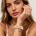Pulsera de Playa con Cuentas de Nácar y Perla, Charms Dorados de Estrella de Mar y Concha - Venta al Por Mayor|JI JOYA