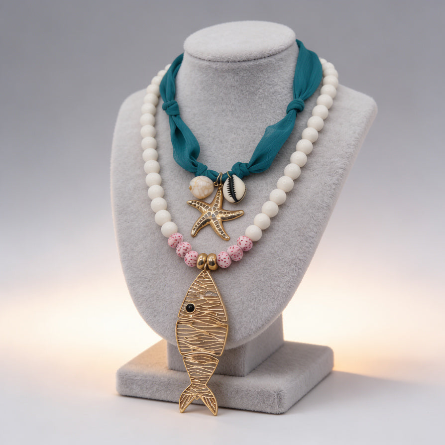 Colar Boho de Estilo Marinho com Pendente de Peixe e Estrela do Mar - Colar de Contas para Mulher|JI JOYA