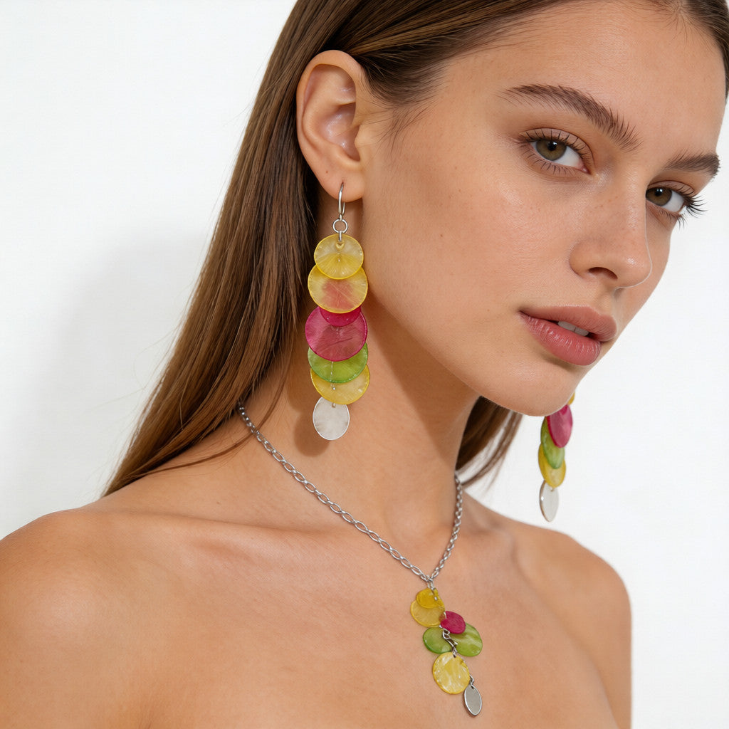 Conjunto de aretes y collar con borlas apiladas de conchas naturales "Arcoíris de verano" | Imprescindible para looks de estilo resort llenos de dopamina