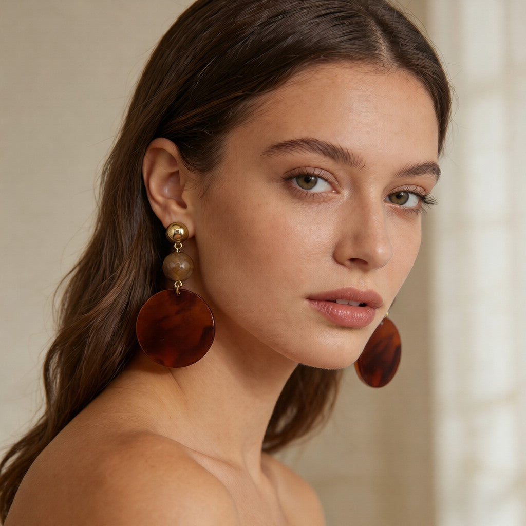 Bohemian chic reddish-brown beaded necklace with golden details | Handmade resin pendant necklace